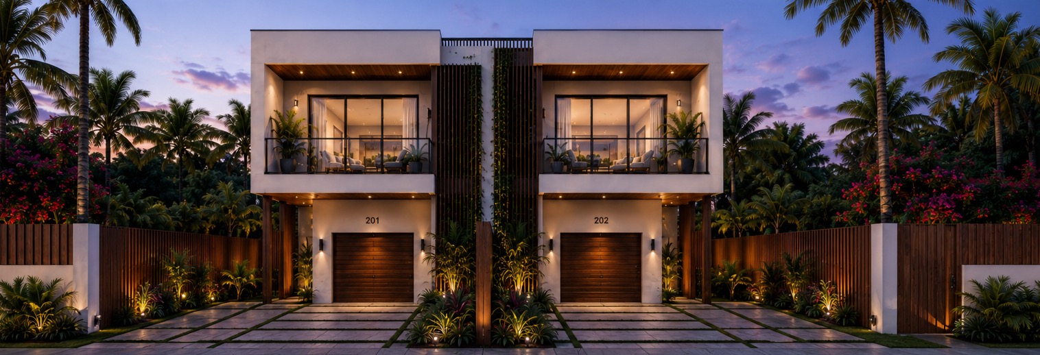 Concept rendering of twin modern townhomes at dusk