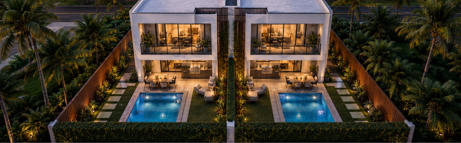 Aerial concept rendering of the rear, with two private pools