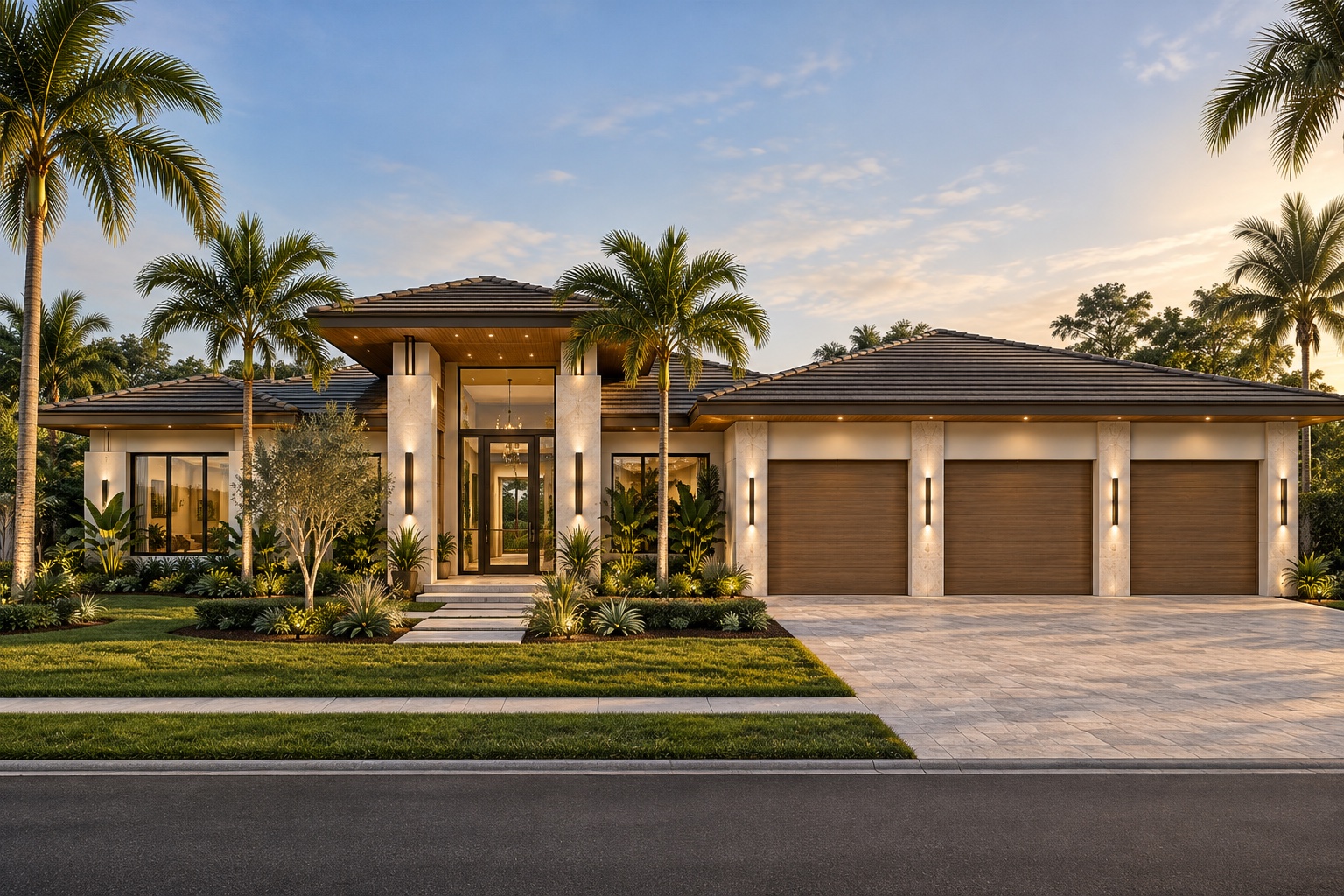 Concept rendering of a single-story modern home with a three-car garage at dusk
