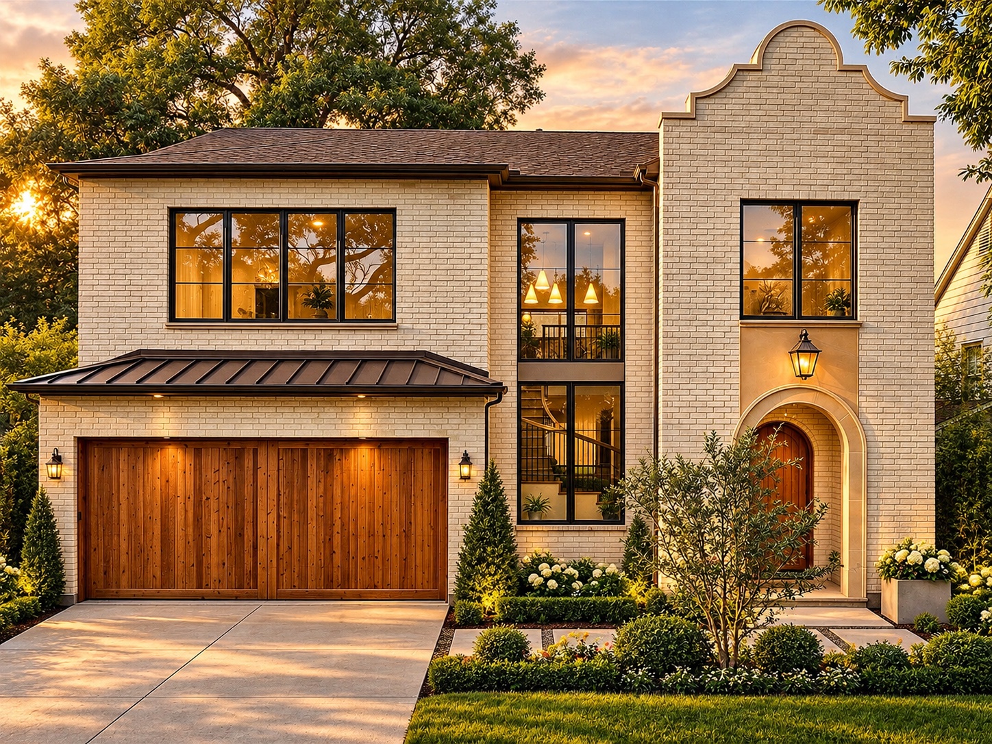 Front exterior in pale brick with a wood garage door