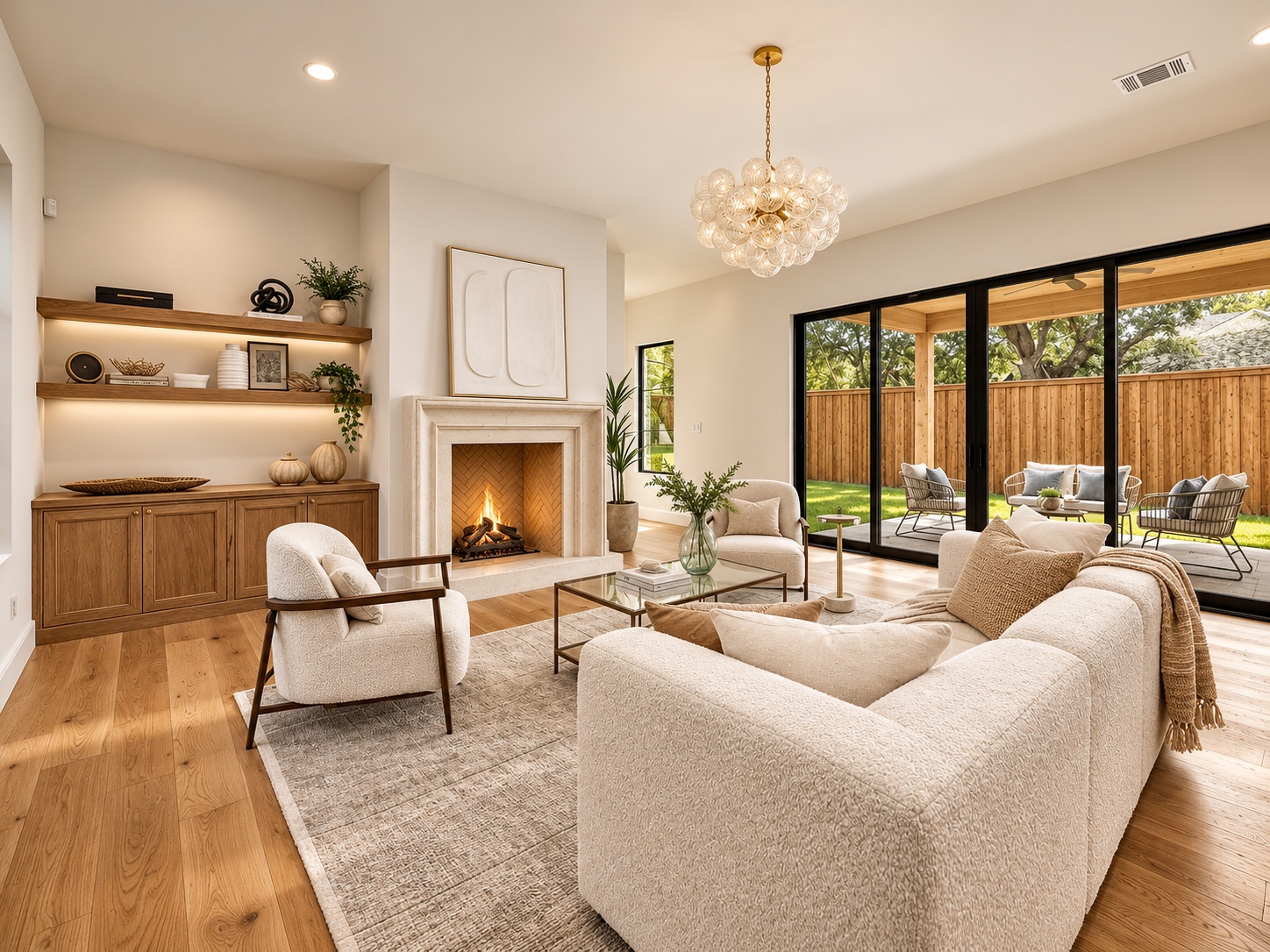 Family room with built-in shelving