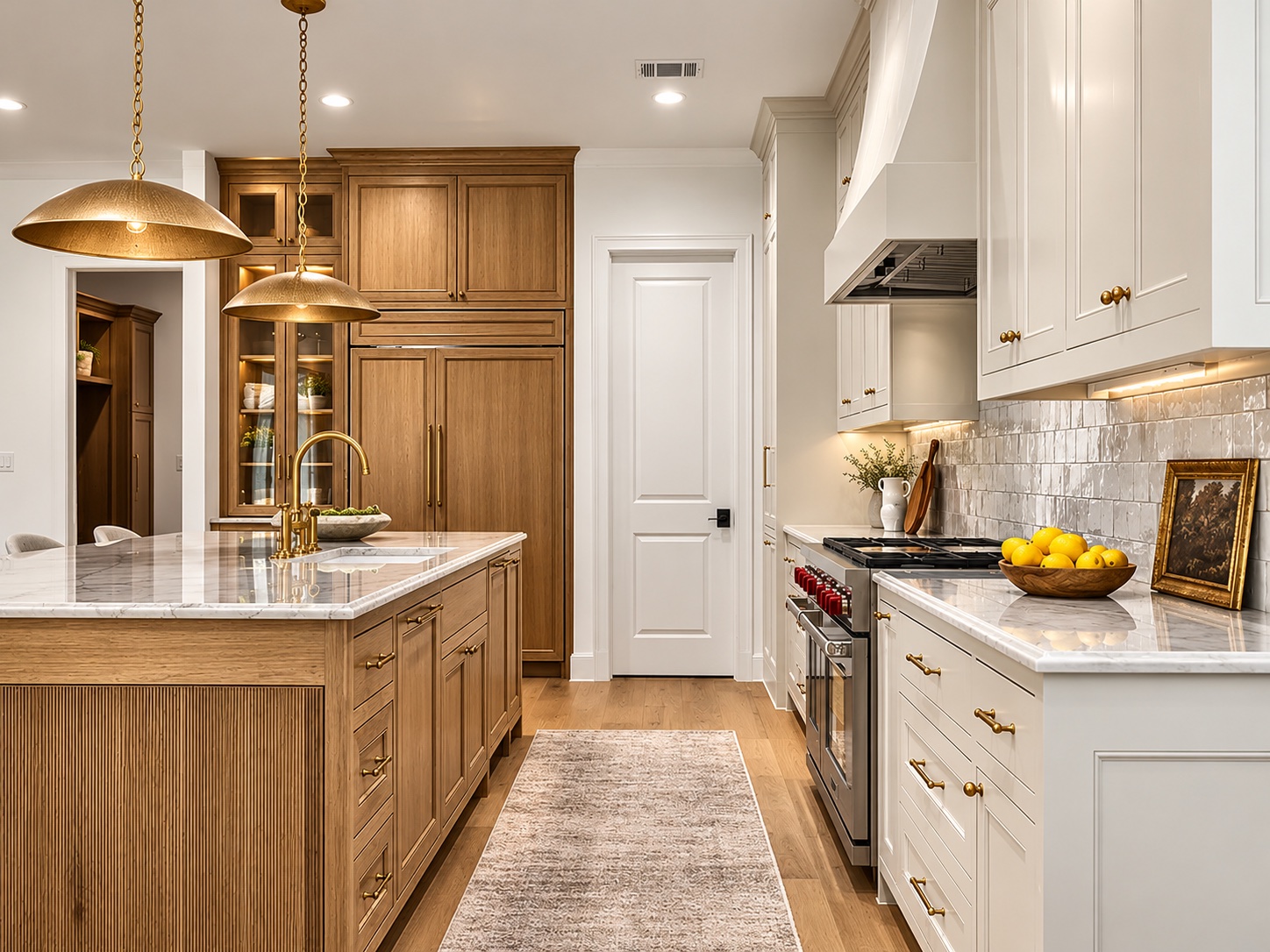 Kitchen with oak island and white cabinetry
