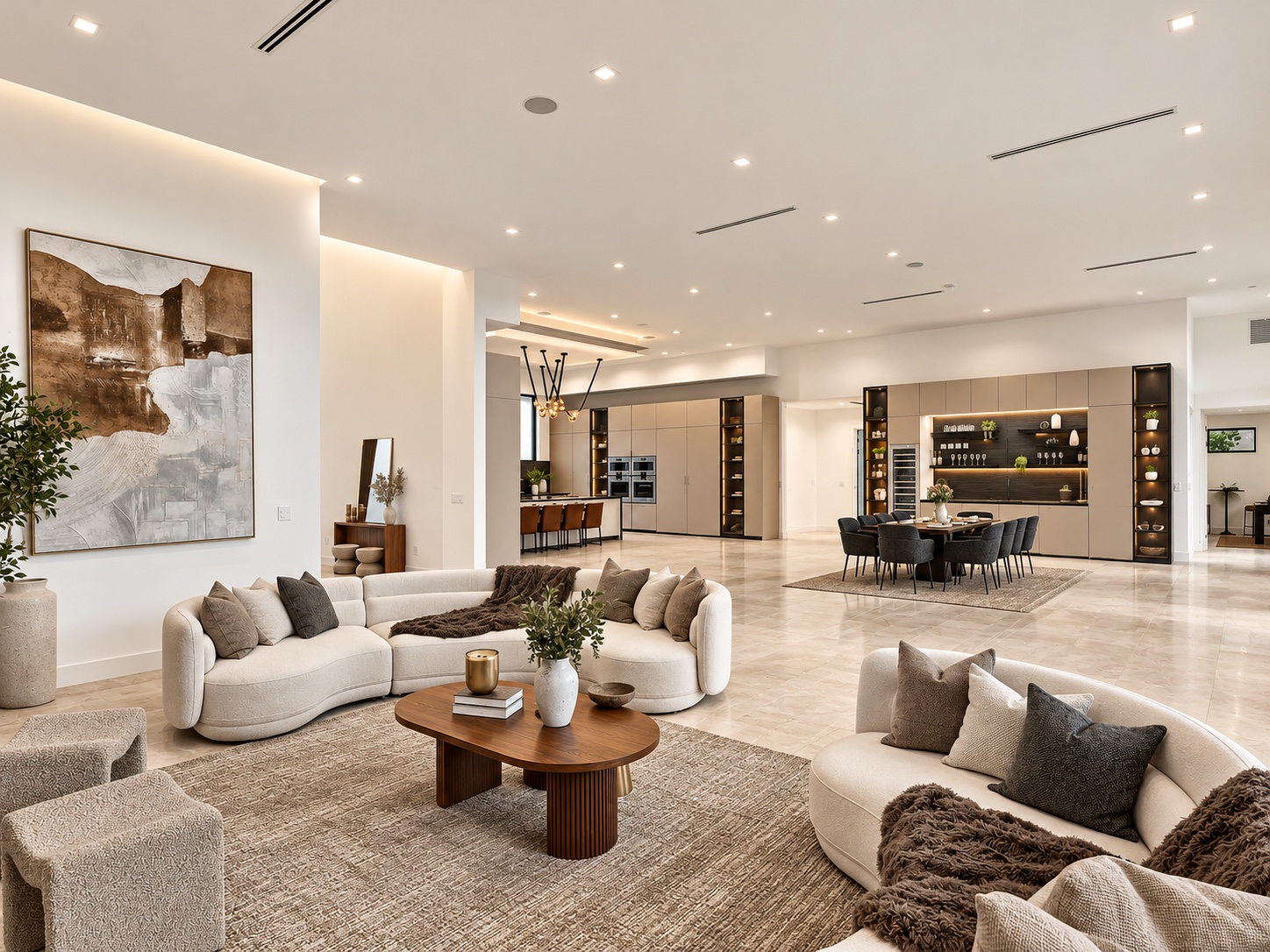 Living room with curved sofas and large artwork