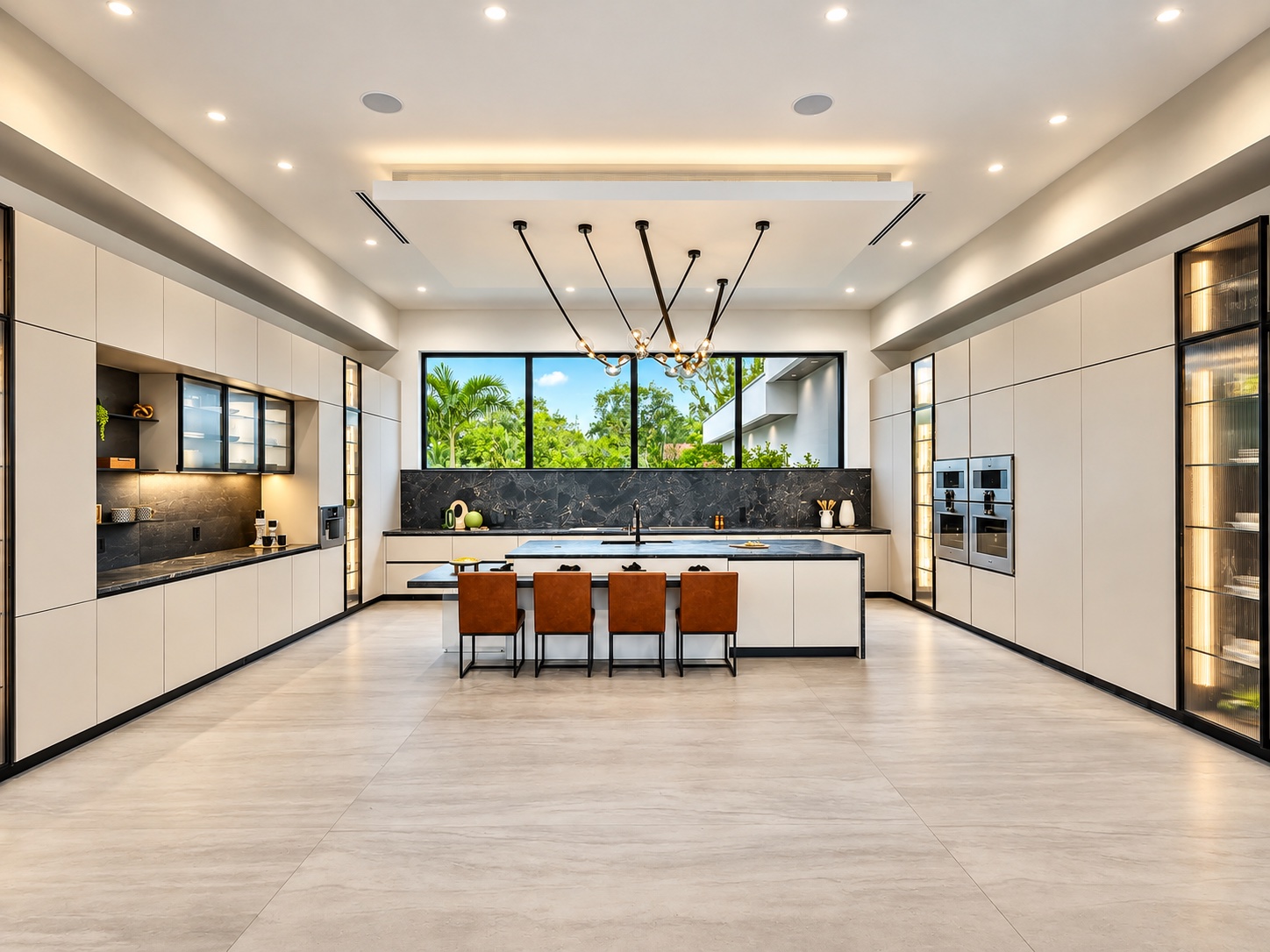 Kitchen with a long island and clerestory windows