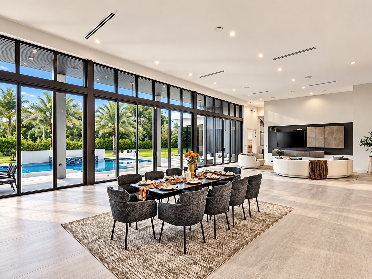 Dining area beside a wall of glass