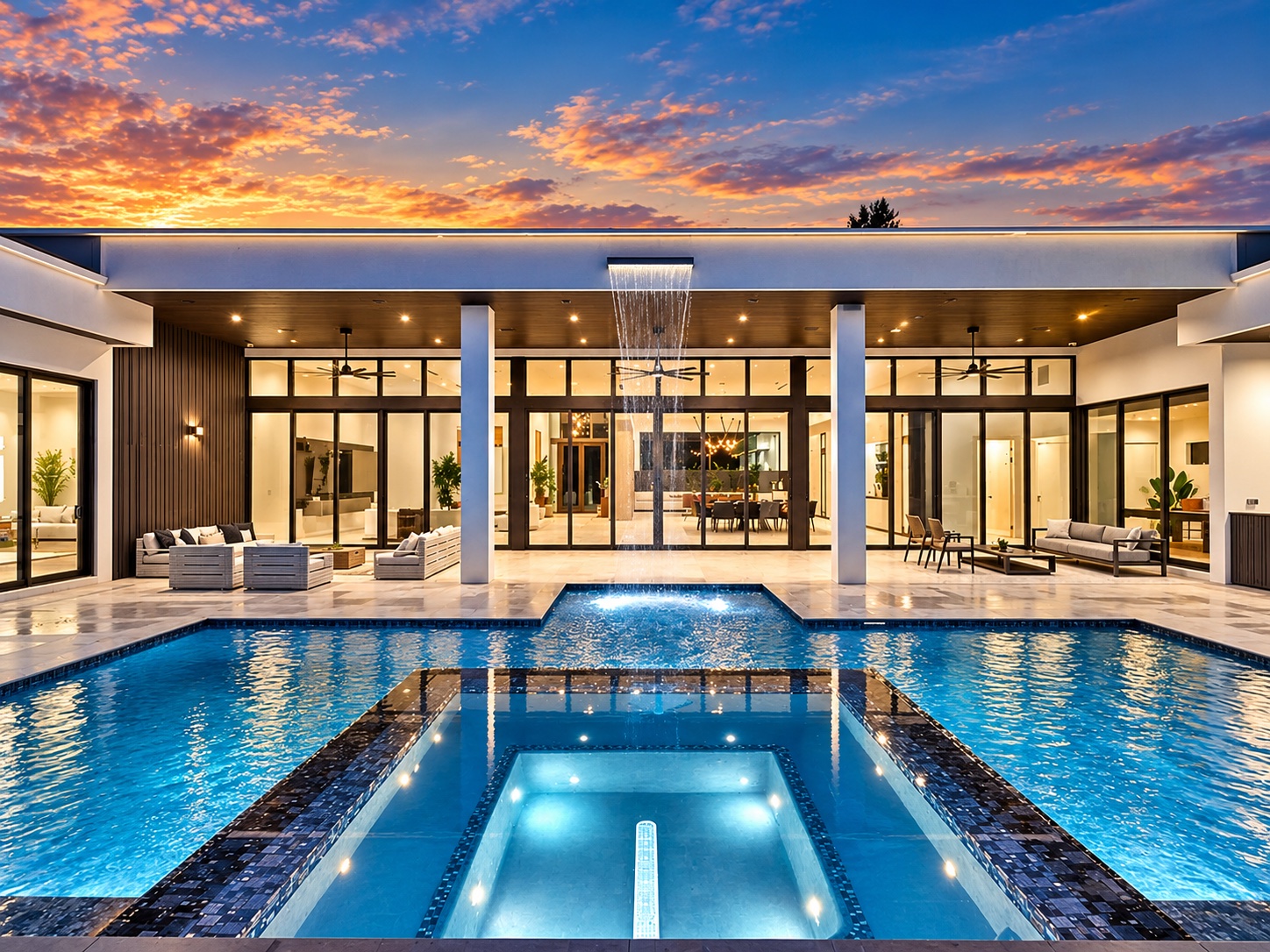 Pool courtyard lit at night