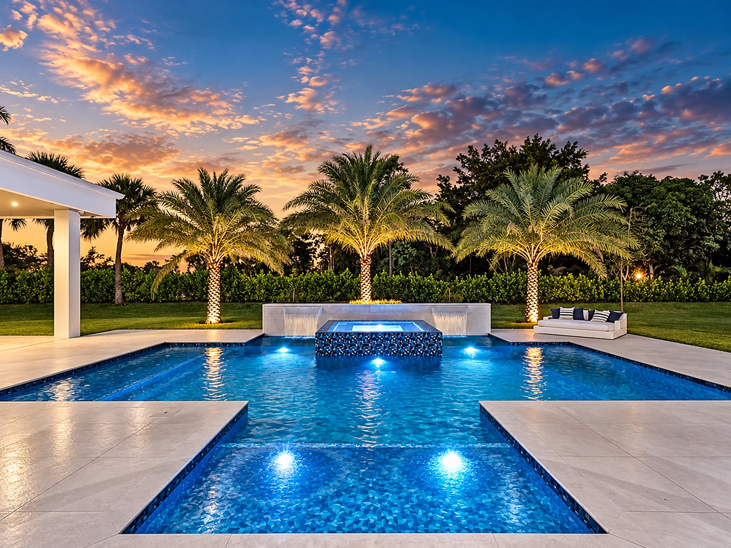 Pool and spa with palms beyond