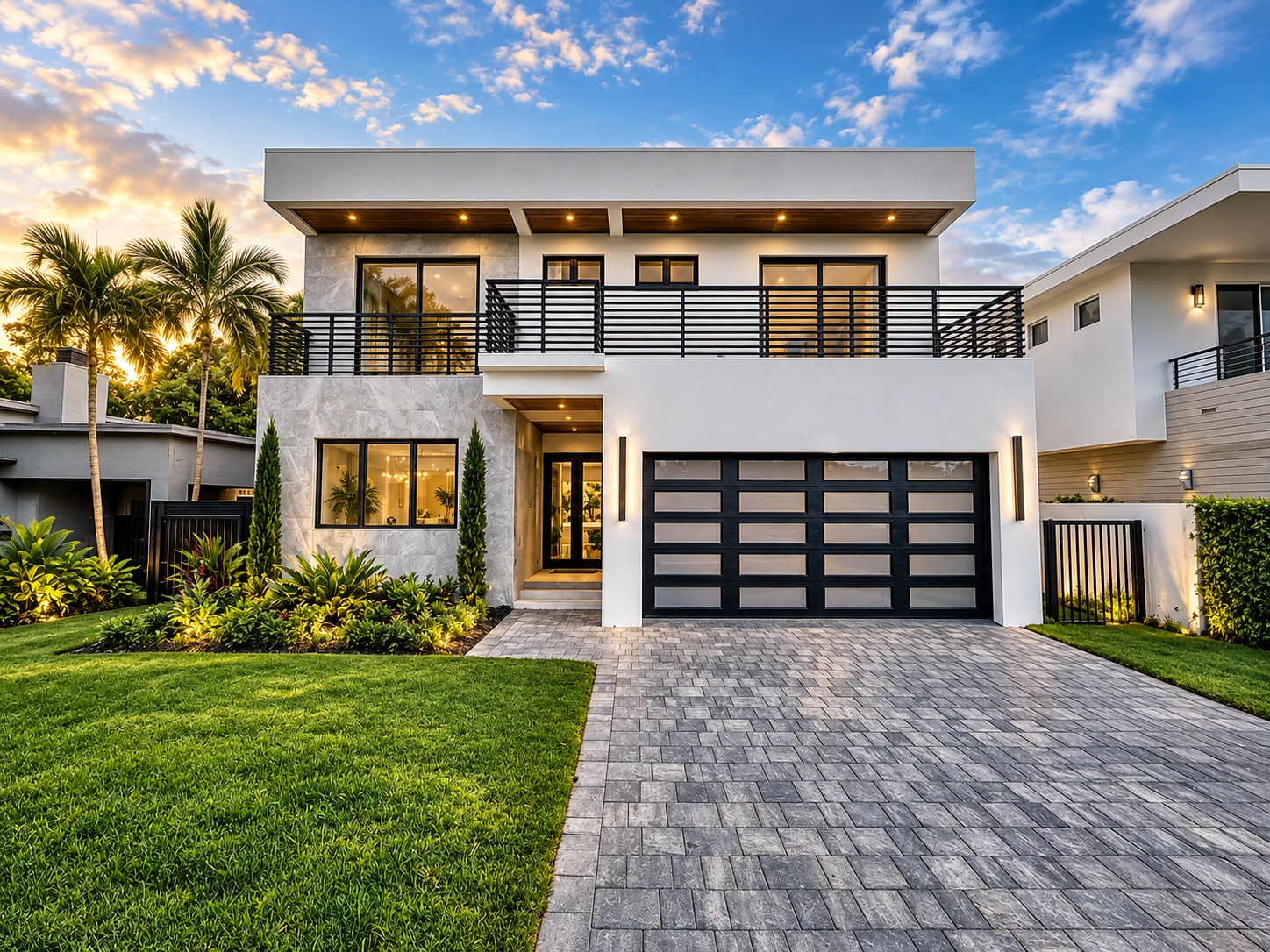 Front exterior of a two-story modern home with a paver drive