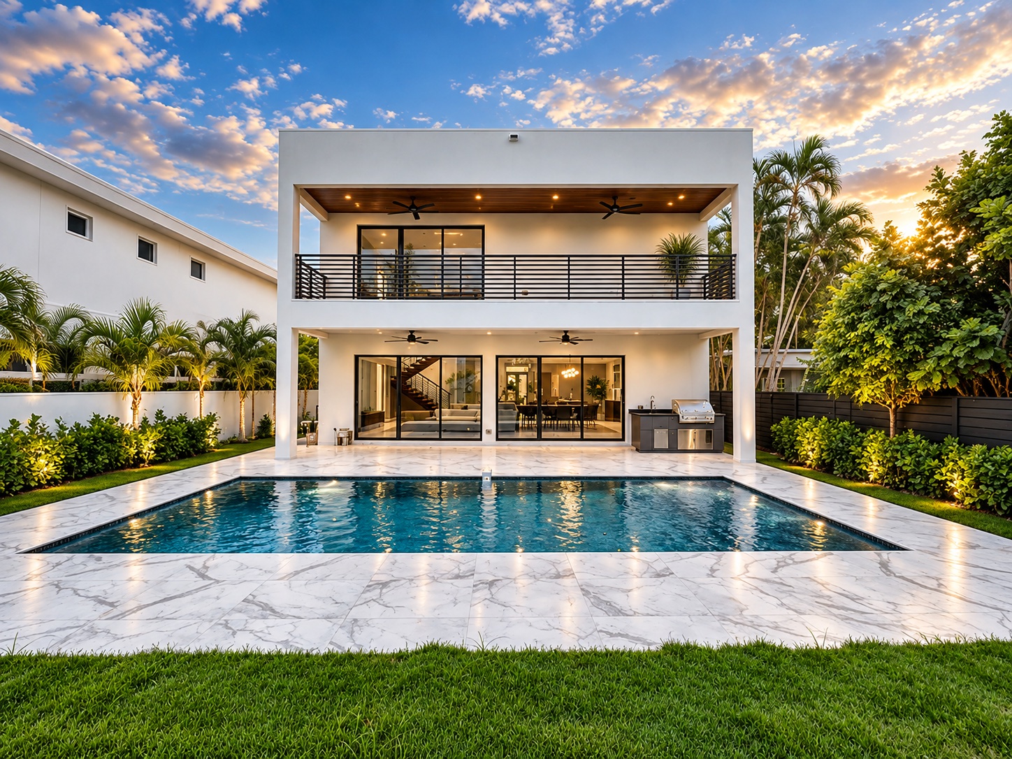 Rear elevation with pool and lawn