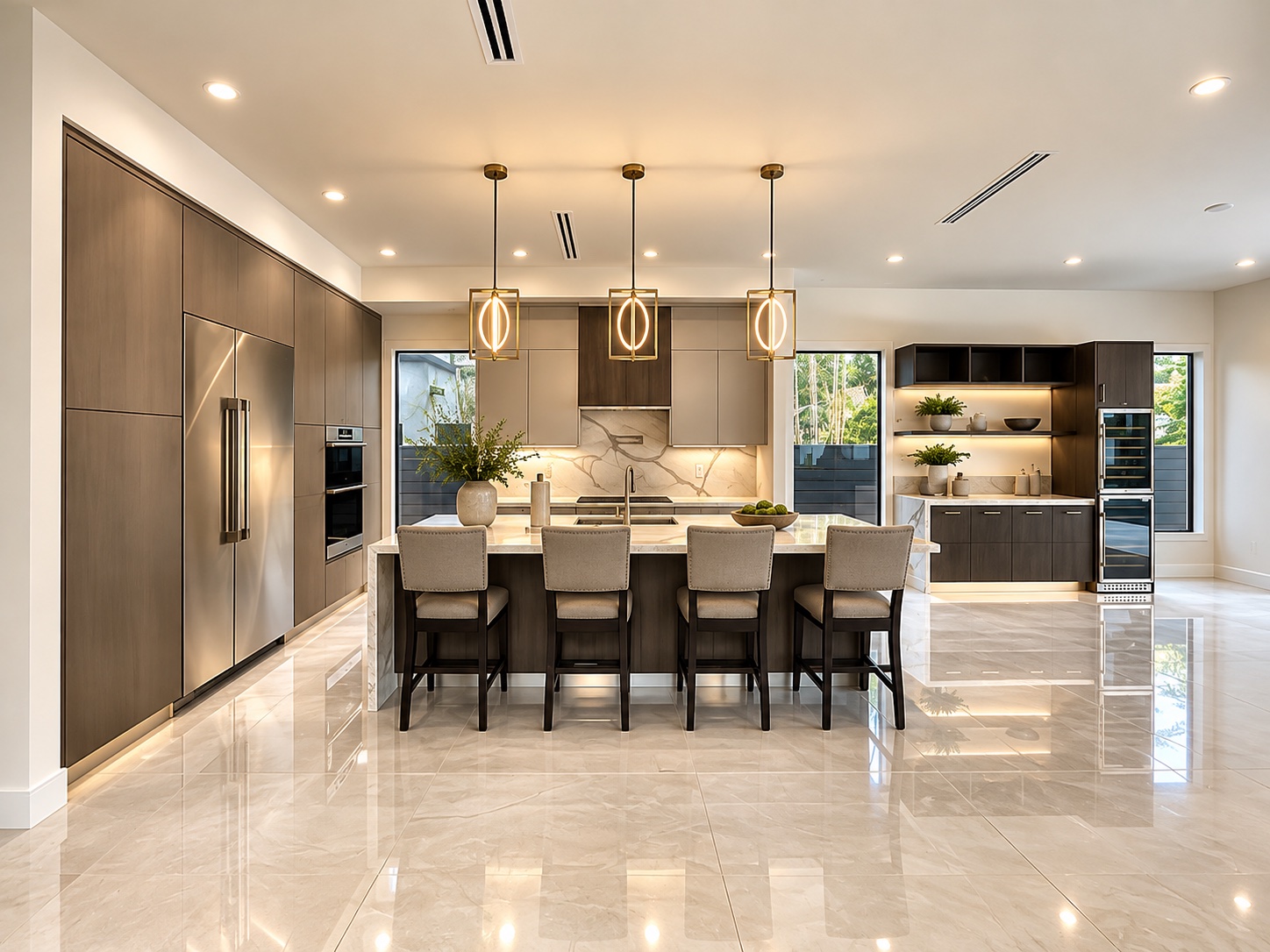 Kitchen with a dark stone island and pendant lights