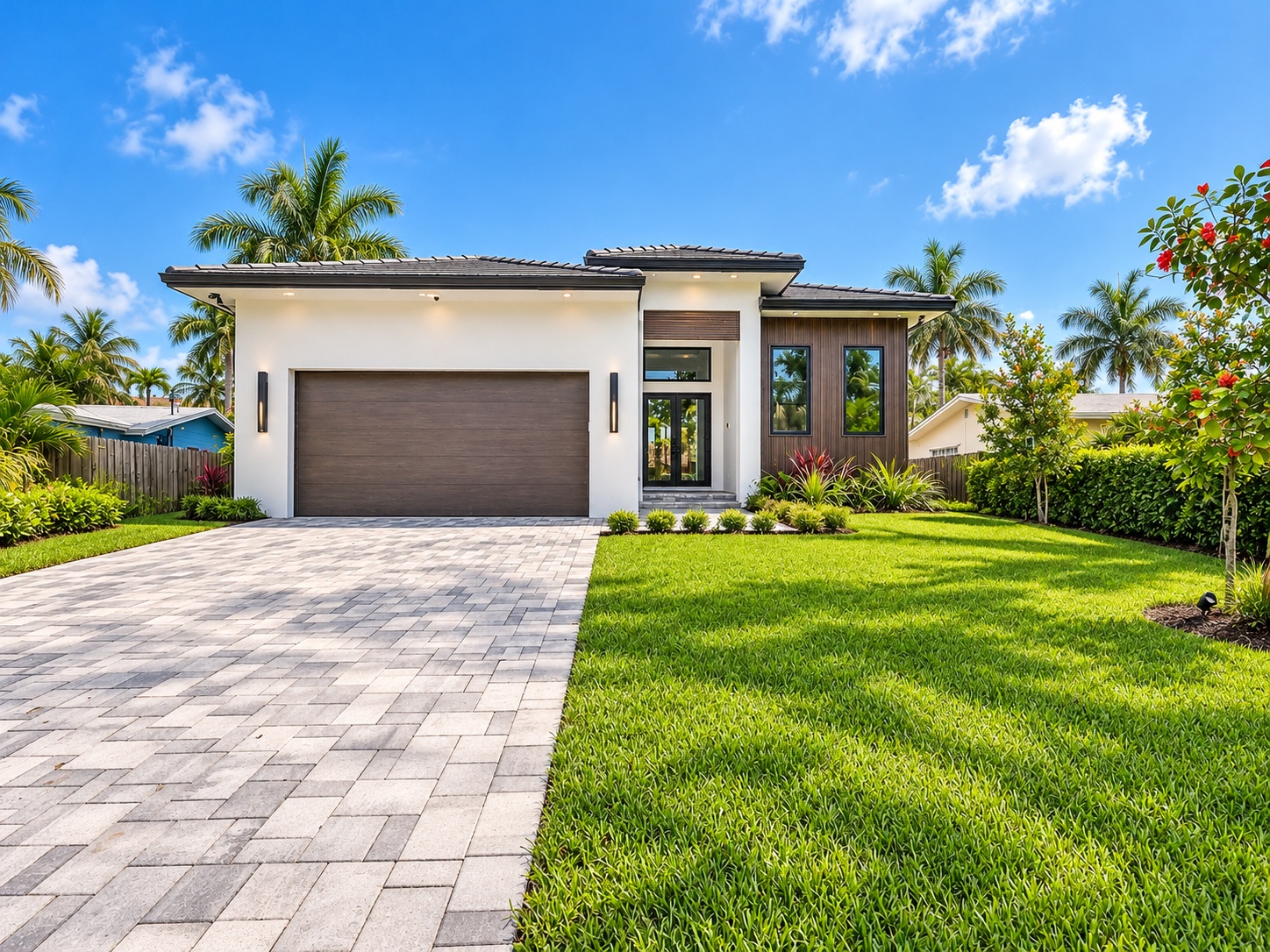 Front exterior with a paver drive and lawn