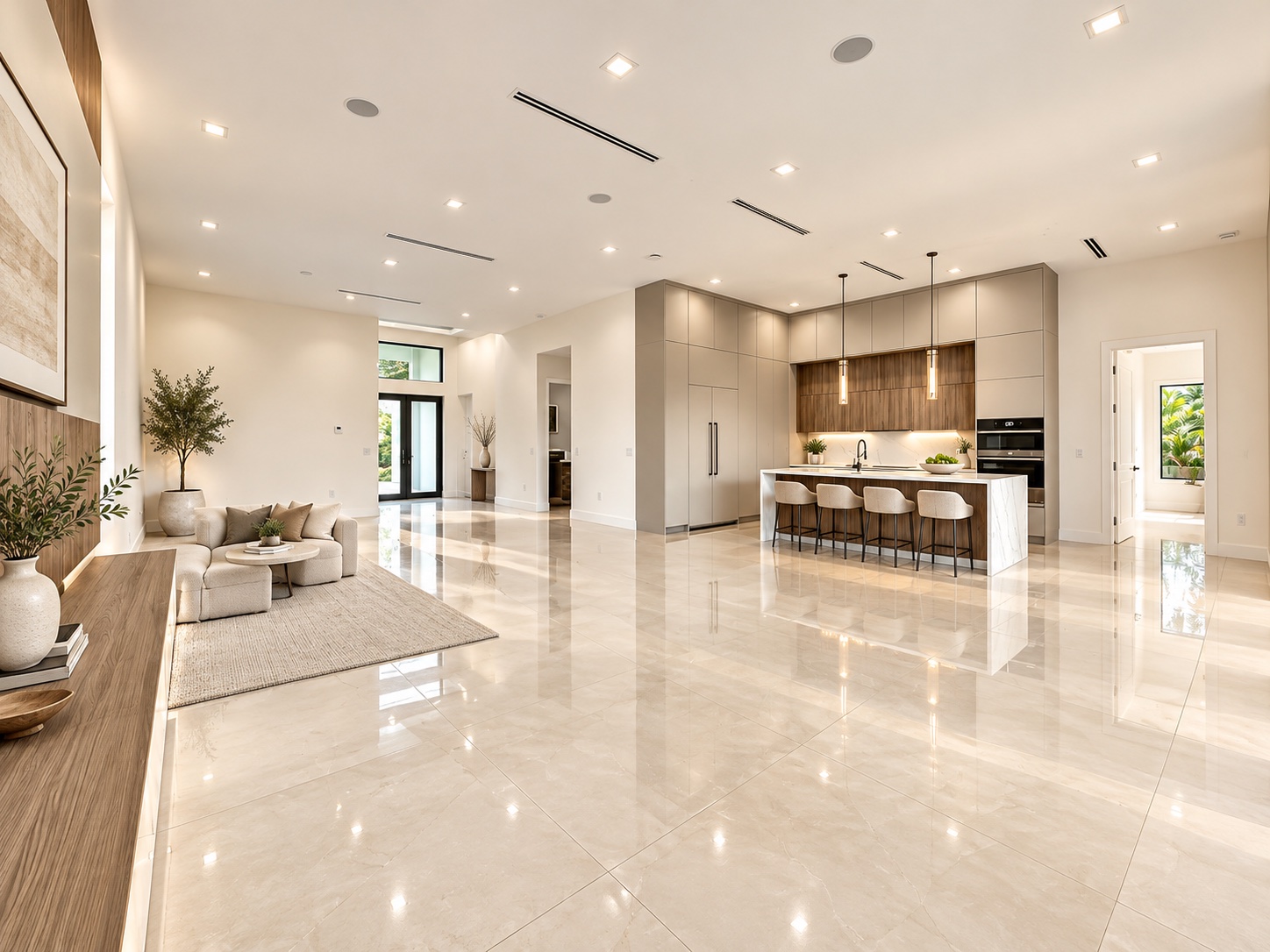 Open great room with polished floors