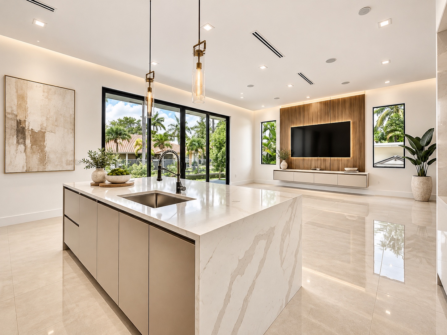 Kitchen island with garden views